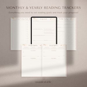 May include: A set of printable reading trackers for monthly and yearly goals. The trackers include sections for reading goals, monthly reading, and monthly reflection. The design features a minimalist aesthetic with a beige background and gold accents.