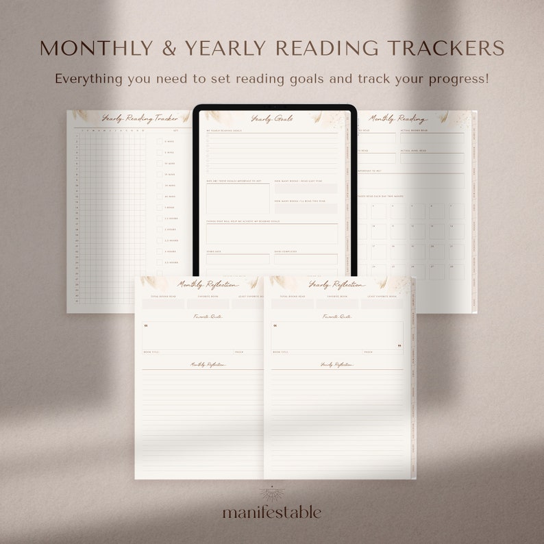May include: A set of printable reading trackers for monthly and yearly goals. The trackers include sections for reading goals, monthly reading, and monthly reflection. The design features a minimalist aesthetic with a beige background and gold accents.