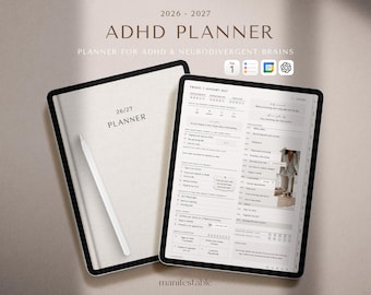 ADHD Planner 2026-2027, ADHD Digital Planner, Goodnotes Planner, iPad Planner, Daily Weekly Monthly Planner, Productivity, Self Care Planner