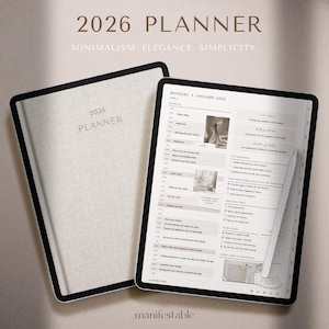 2026 digital planner for iPad, GoodNotes, and Notability with a clean minimalist layout. Includes hyperlinked yearly, monthly, weekly, and daily pages for productivity, planning, scheduling, time management, routines, and organization. Features habit tracker, goals, vision, wellness, finance templates, and notes. Ideal as a 2026 planner, daily planner, weekly planner, monthly planner, ADHD planner, productivity planner, and GoodNotes template.