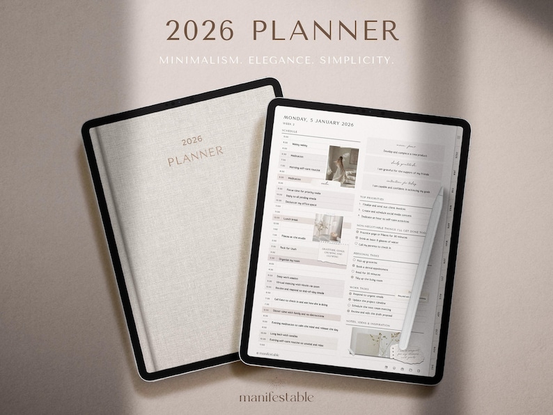 2026 digital planner for iPad, GoodNotes, and Notability with a clean minimalist layout. Includes hyperlinked yearly, monthly, weekly, and daily pages for productivity, planning, scheduling, time management, routines, and organization. Features habit tracker, goals, vision, wellness, finance templates, and notes. Ideal as a 2026 planner, daily planner, weekly planner, monthly planner, ADHD planner, productivity planner, and GoodNotes template.
