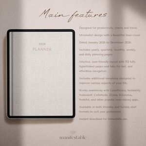 2026 digital planner for iPad, GoodNotes, and Notability with a clean minimalist layout. Includes hyperlinked yearly, monthly, weekly, and daily pages for productivity, planning, scheduling, time management, routines, and organization. Features habit tracker, goals, vision, wellness, finance templates, and notes. Ideal as a 2026 planner, daily planner, weekly planner, monthly planner, ADHD planner, productivity planner, and GoodNotes template.
