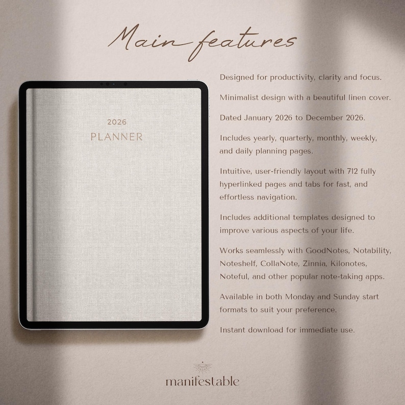 2026 digital planner for iPad, GoodNotes, and Notability with a clean minimalist layout. Includes hyperlinked yearly, monthly, weekly, and daily pages for productivity, planning, scheduling, time management, routines, and organization. Features habit tracker, goals, vision, wellness, finance templates, and notes. Ideal as a 2026 planner, daily planner, weekly planner, monthly planner, ADHD planner, productivity planner, and GoodNotes template.