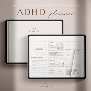 May include: An open 2026 planner and a tablet displaying a planner layout. The planner is labeled "ADHD planner" and "Minimalist Planner Tailored for ADHD & Neurodivergent Minds". The tablet shows a detailed daily schedule.