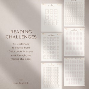 May include: Printable reading challenge tracker with six different challenges to choose from: 10 books, 25 books, 50 books, A-Z, 52 books in 52 weeks, and a blank challenge. Each challenge has a grid of book covers to color in as you complete your reading goals.