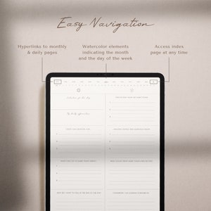 May include: A digital planner app on a tablet screen with a daily planner layout. The app features a calendar view, daily affirmations, gratitude prompts, and sections for things that made you smile and amazing things that happened today. The app also includes a section for what you can do to make today great and how you want to feel at the end of the day.