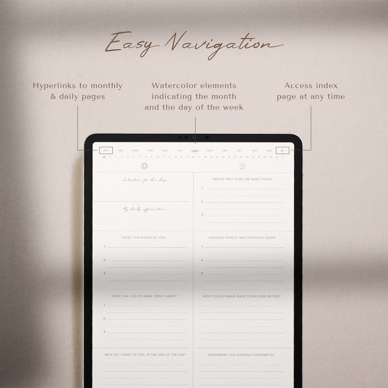 May include: A digital planner app on a tablet screen with a daily planner layout. The app features a calendar view, daily affirmations, gratitude prompts, and sections for things that made you smile and amazing things that happened today. The app also includes a section for what you can do to make today great and how you want to feel at the end of the day.