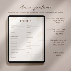 May include: A digital tablet displaying a reading journal index with gold accents and watercolor details. The index includes sections for reading trackers, reading lists, reading challenges, monthly and yearly reading trackers, and notes. The tablet is on a light brown surface.