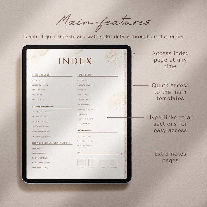 May include: A digital tablet displaying a reading journal index with gold accents and watercolor details. The index includes sections for reading trackers, reading lists, reading challenges, monthly and yearly reading trackers, and notes. The tablet is on a light brown surface.