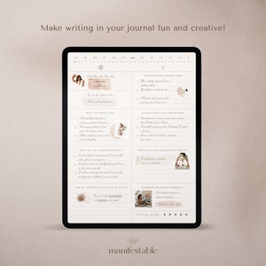 May include: A digital tablet screen displaying a journal entry template with a peach background. The template includes sections for daily affirmations, gratitude, things that made you smile, amazing things that happened, what you can do to make today great, how could you have made today even better, how do you want to feel at the end of the day, and tomorrow I am looking forward to. The template also includes a section for rating your day with stars.