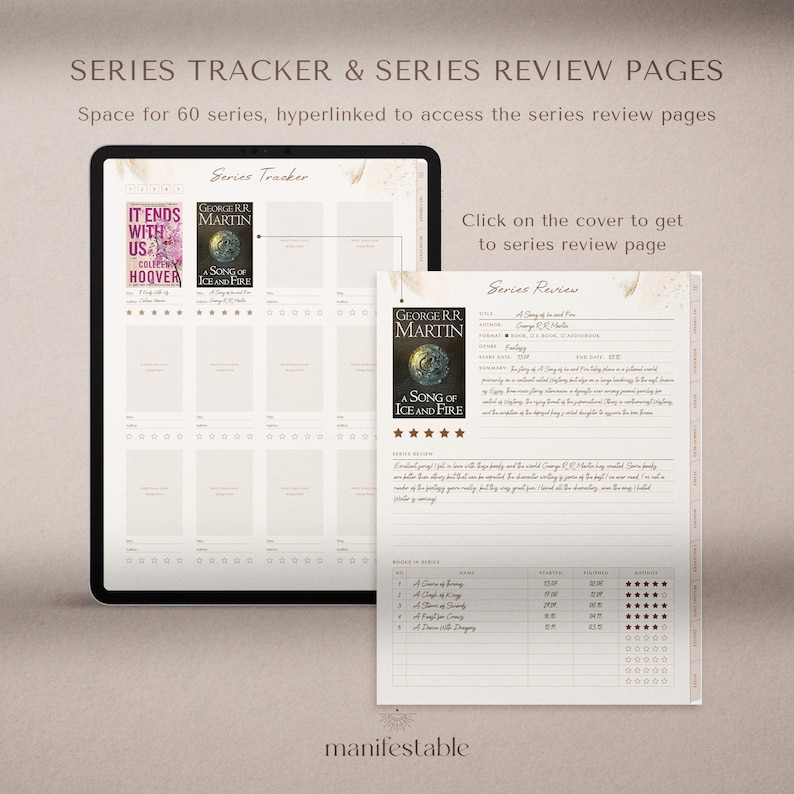 May include: A printable digital planner page with a series tracker and series review section. The tracker has space for 60 book series with a cover image, title, author, and rating. The review section has space for title, author, genre, start date, end date, summary, series review, and a table to track the books in the series.