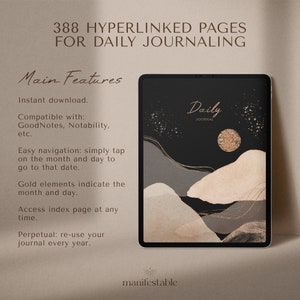 May include: A digital planner with a black background and gold accents. The planner features a mountain range and a moon with a text overlay that reads "Daily Journal".