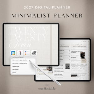 Può includere: Un'agenda digitale 2027 visualizzata su due schermi di tablet. Lo schermo a sinistra mostra il testo TWENTY TWENTY SEVEN e un menu a comparsa con opzioni di calendario e promemoria. Lo schermo a destra mostra un layout di pianificazione giornaliera. È visibile uno stilo bianco.