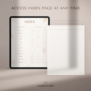 May include: A digital planner with a brown and white marble background. The planner has a tab labeled "Index" with a list of months and page templates. The text "ACCESS INDEX PAGE AT ANY TIME" is at the top of the image.