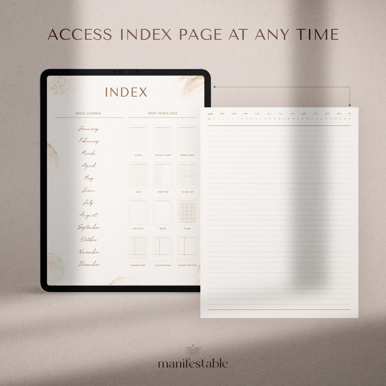 May include: A digital planner with a brown and white marble background. The planner has a tab labeled "Index" with a list of months and page templates. The text "ACCESS INDEX PAGE AT ANY TIME" is at the top of the image.