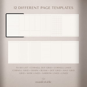 May include: A digital tablet displaying 12 different page templates for a planner or notebook. The templates include to-do list, Cornell dot grid, Cornell lined, Cornell grid, graph, blank, dot grid, half grid, wide lined, narrow lined, and lined.