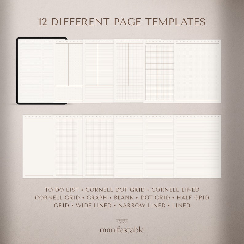 May include: A digital tablet displaying 12 different page templates for a planner or notebook. The templates include to-do list, Cornell dot grid, Cornell lined, Cornell grid, graph, blank, dot grid, half grid, wide lined, narrow lined, and lined.