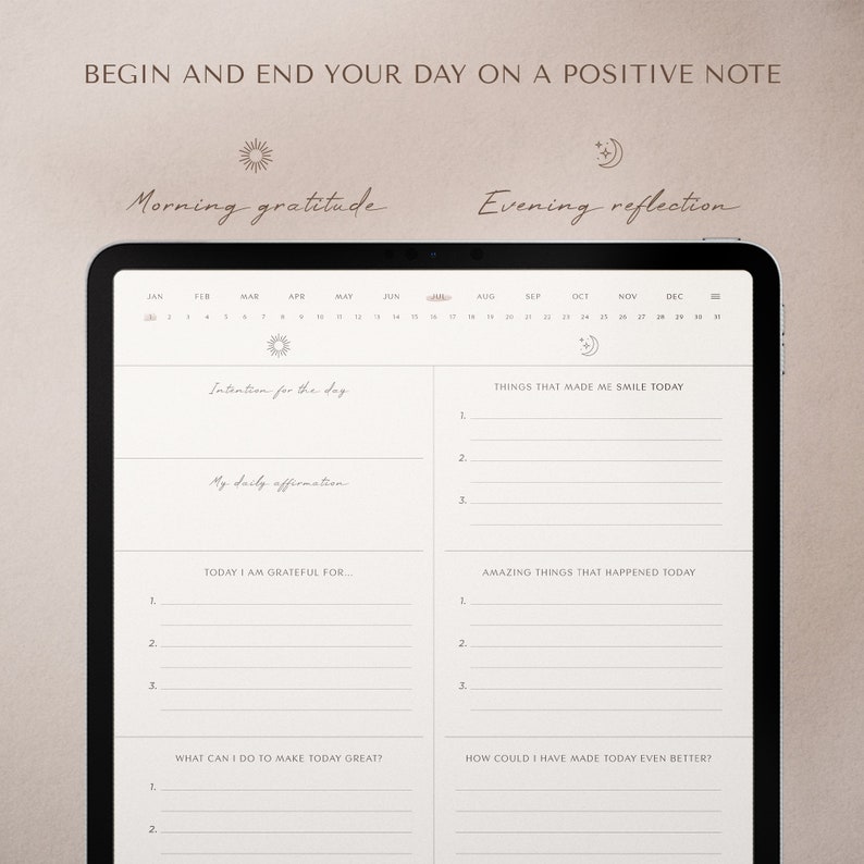 May include: A digital tablet screen displaying a daily planner with sections for morning gratitude and evening reflection. The planner includes prompts for setting intentions, daily affirmations, things that made you smile, and amazing things that happened. The tablet is on a light brown surface.