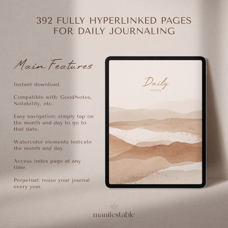 May include: A digital planner with a watercolor background and the text "Daily Journal" on the cover. The planner has 392 fully hyperlinked pages for daily journaling. It is compatible with GoodNotes, Notability, and other note-taking apps. The planner is instant download and perpetual, meaning you can reuse it every year.