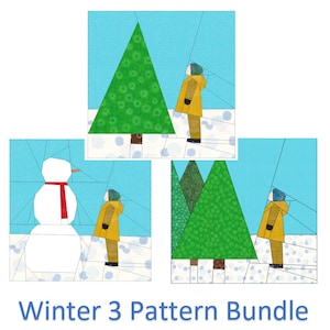 Può includere: Un set di tre modelli di patchwork di carta a tema invernale. I modelli includono un pupazzo di neve, una persona con un cappotto giallo in piedi accanto a un albero verde, e una persona con un cappotto giallo in piedi accanto a due alberi verdi. I modelli sono intitolati "Winter 3 Pattern Bundle".
