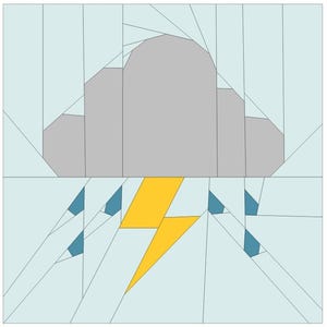 May include: A paper craft design featuring a gray cloud with a yellow lightning bolt and blue raindrops underneath.