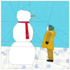 May include: A white snowman with a red scarf and a small orange nose stands in a snowy landscape. A person wearing a yellow jacket and green hat looks up at the snowman.