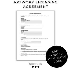 May include: A white document titled "ARTWORK LICENSING AGREEMENT" with sections for parties, artwork description, and license grant. A black circle with white text reads "EDIT IN WORD OR GOOGLE DOCS". The Noir Oro logo is at the bottom.