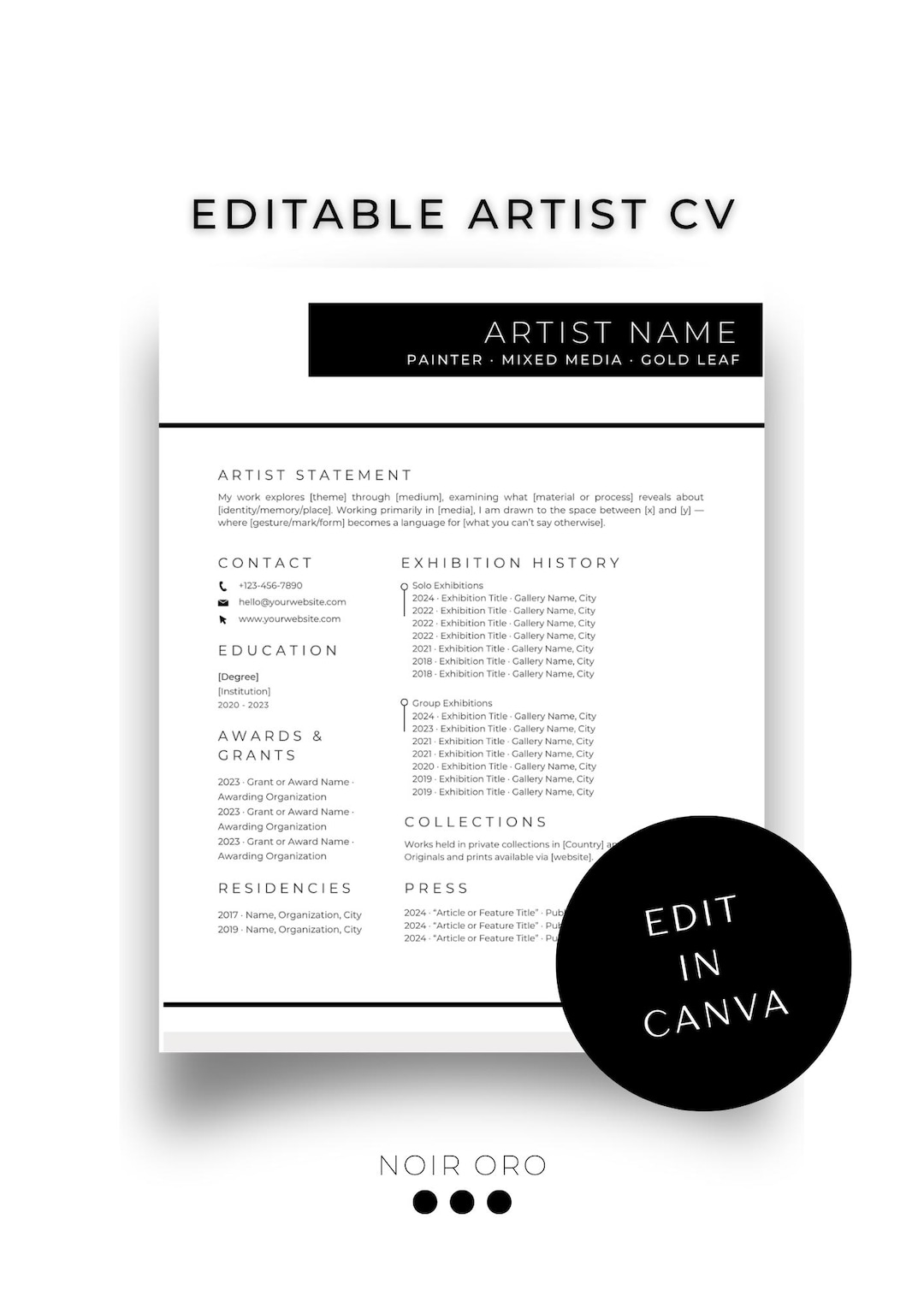 Editable Artist CV Template for Canva | Resume, Exhibition History ...