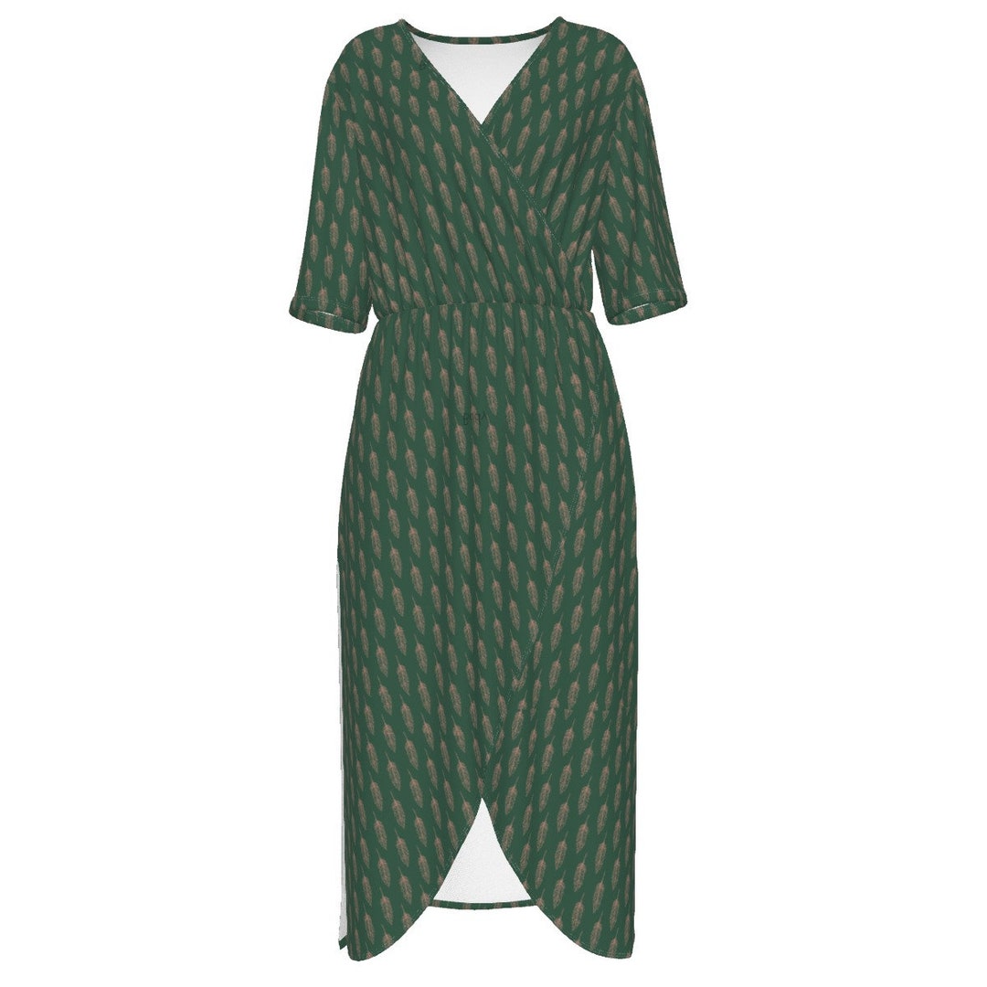 Women's Feather Print V-Neck Button Pocket Cotton Dress main image 0