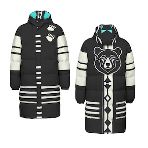 Native Bear Print Unisex Long Down Jacket