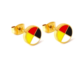 Medicine Wheel 18k Gold Plated Unisex Stud Earrings Four Directions
