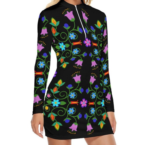 Native Bold Floral Zipper Robe à manches longues pour femmes