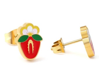 Strawberry Native Floral 18k Gold Plated earring Studs Indigenous Floral