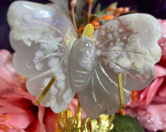 Aura Flower Agate Crystal Butterfly Carving