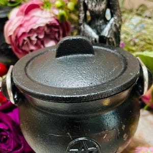 Pu&ograve; includere: Un calderone nero in ghisa con coperchio, con un simbolo del pentagramma sul davanti. Il calderone ha tre piedini e due manici argentati. Una piccola statuina di strega &egrave; dietro il calderone.