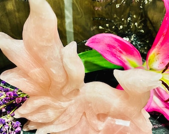 Rose Quartz Crystal Nine Tail Fox Carving - 2 lbs