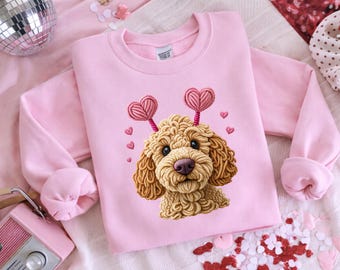 Valentine Dog Sweatshirt Puppy Love Design Cozy Pink Crewneck Gift