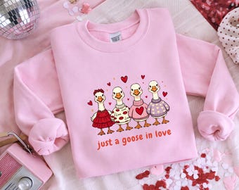 Just a Goose in Love Sweatshirt – Valentine Goose Crewneck