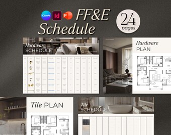 FF&E Schedule Interior Template, SOFT Minimalism, 24 Editable Pages, Mood Board, Material Lighting Planner, Indesign, Canva, PowerPoint