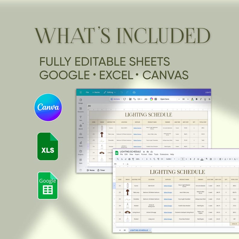 May include: Image of a digital document titled "LIGHTING SCHEDULE" with a spreadsheet layout. The image includes the text "WHAT'S INCLUDED" and "FULLY EDITABLE SHEETS GOOGLE &bull; EXCEL &bull; CANVAS". Icons for Canva, XLS, and Google are also present.