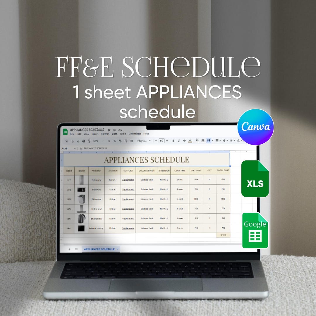 Ffe Excel Sheet 1 Sheet FF&E APPLIANCES Schedule Excel Google Sheets Canva Template - Etsy