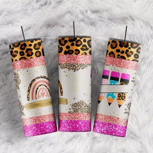Vaso de nombre del maestro Apreciación del maestro Rainbow Leopard Glitter Teacher Pencil sublimation tumbler wrap 20oz Skinny Tumbler Descargar PNG