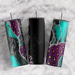 Teal Agate Silver Marble Purple Glitter Leopard Add Your Own Text Custom Name sublimation tumbler wrap 20oz Skinny Tumbler Download PNG
