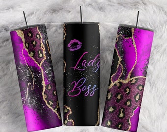 Lady Boss gold Marble tumbler wrap Purple Agate Leopard print wrap Straight Tapered tumbler template sublimation 20oz Skinny Tumbler Wrap