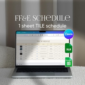 1 sheet FF&E Tile Schedule Excel Google sheets Canva Template