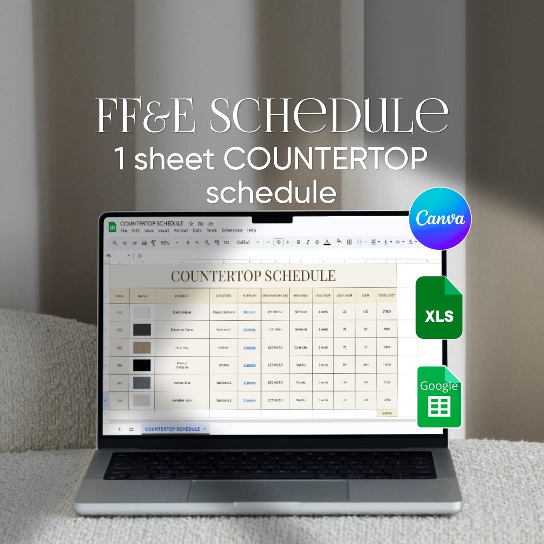 1 Sheet FF&E COUNTERTOP Schedule Excel Google Sheets Canva Template - Etsy