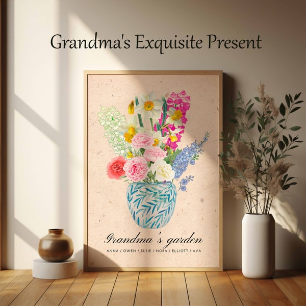 Grandma's Garden Birth Flower Personalized Gift for nana from Grandchildren Gift for grandma Custom Print