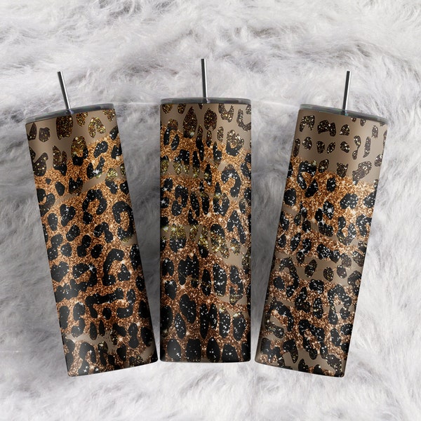 Glitter Leopard tumbler Brown Black Gold Glitter Cheetah Animal print sublimation tumbler designs 20oz Skinny Tumbler Download PNG