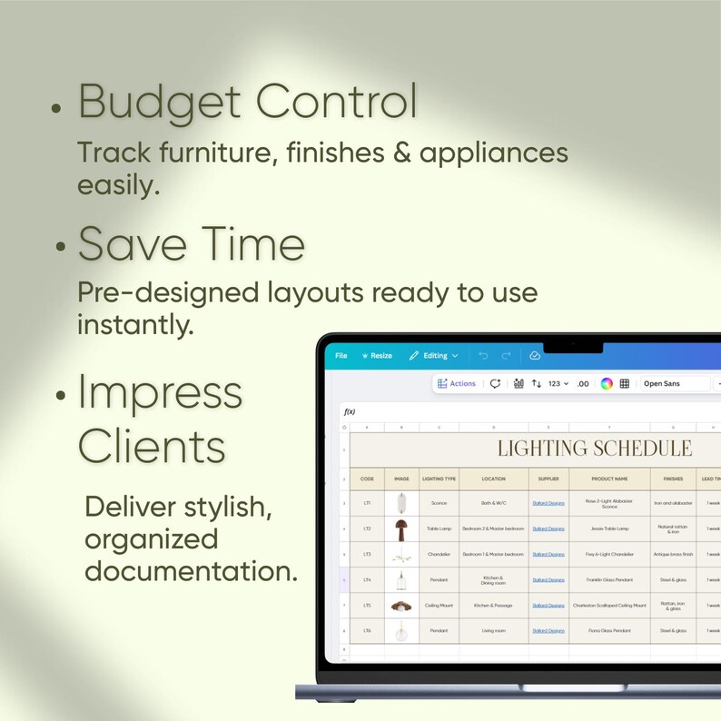 May include: A laptop screen displays a "LIGHTING SCHEDULE" spreadsheet. The screen shows a table with columns for code, name, lighting type, location, supplier, product name, finishes, and lead time. Text on the screen includes "Budget Control", "Save Time", and "Impress Clients".