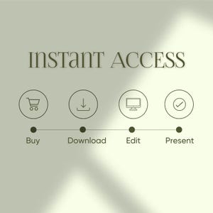May include: A light green graphic with the words "INSTANT ACCESS" at the top. Below are four icons: a shopping cart, a downward arrow, a computer monitor, and a checkmark, each with a corresponding word: Buy, Download, Edit, and Present.